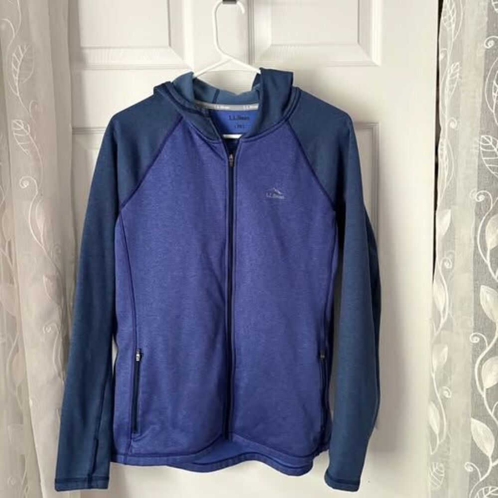 LL Bean Color Block Full Zip Hooded Fleece Jacket Womens Size L